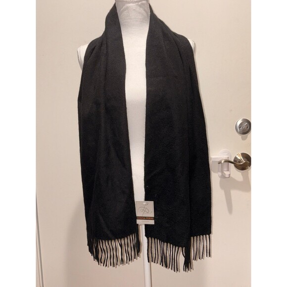 Louisa Perini 100% Cashmere scarf with classic fringe unisex solid black - Picture 4 of 5